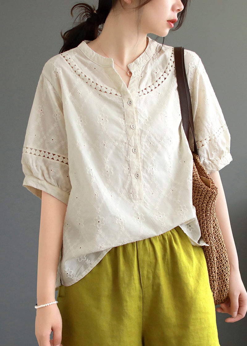 Dark Green Hollow Out Embroidered Cotton T Shirt Top