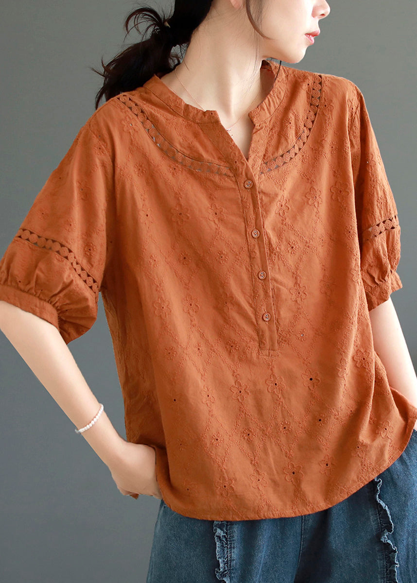 Dark Green Hollow Out Embroidered Cotton T Shirt Top