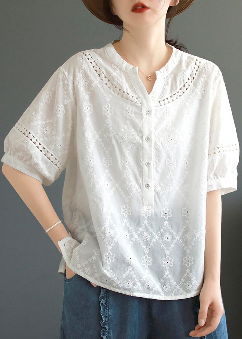Dark Green Hollow Out Embroidered Cotton T Shirt Top