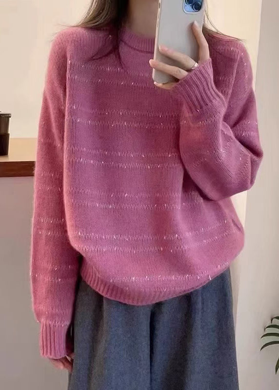 Dark Grey O-neck Striped Wool Knit Sweater Fall