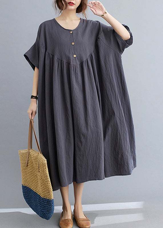Dark Grey Patchwork Button Long Dresses Short Sleeve