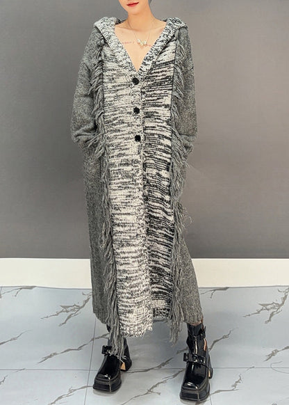 Dark Grey Patchwork Tassel Cotton Knit Hooded Cardigans Winter