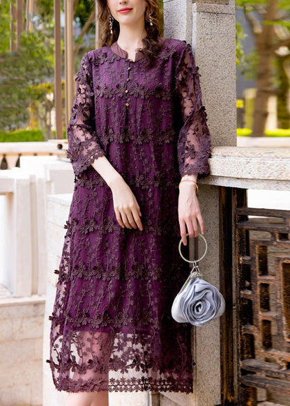 Dark Purple Embroideried Hollow Out Organza Long Dress Spring