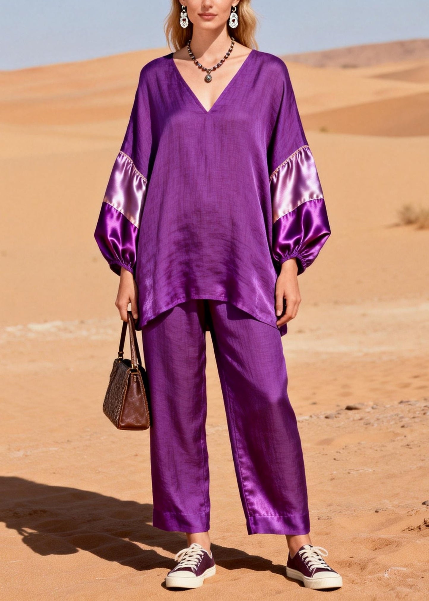 Dark Purple Oversized Patchwork Cotton Two Piece Set Spring