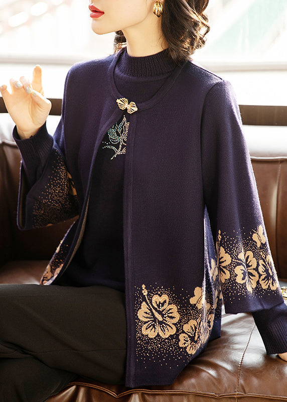 Dark Purple Print Cotton Knit Cardigans and Sweaters Two Pieces Set Three Quarter Sleeve