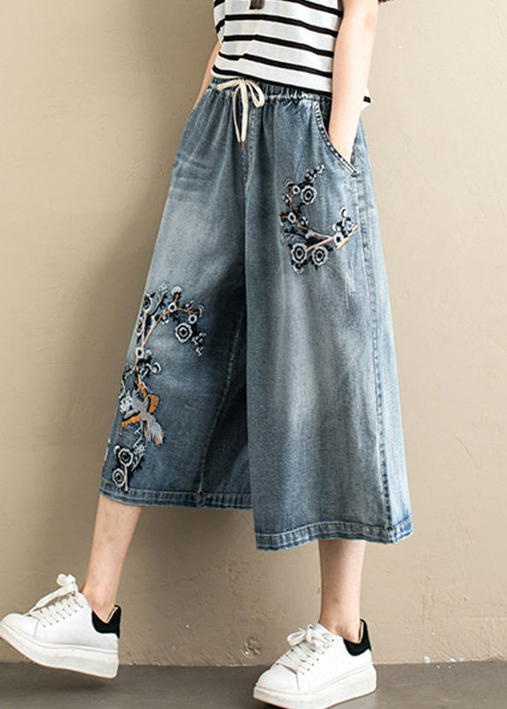 Denim Blue Embroideried Tie Waist Wide Leg Pants Summer