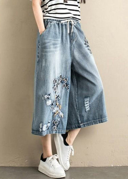 Denim Blue Embroideried Tie Waist Wide Leg Pants Summer