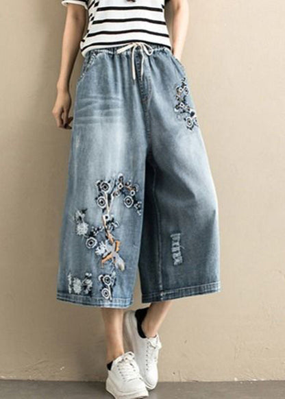 Denim Blue Embroideried Tie Waist Wide Leg Pants Summer