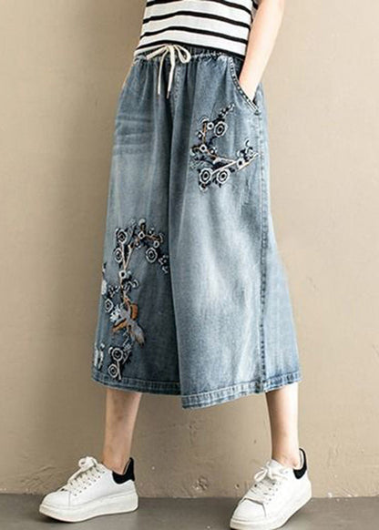 Denim Blue Embroideried Tie Waist Wide Leg Pants Summer