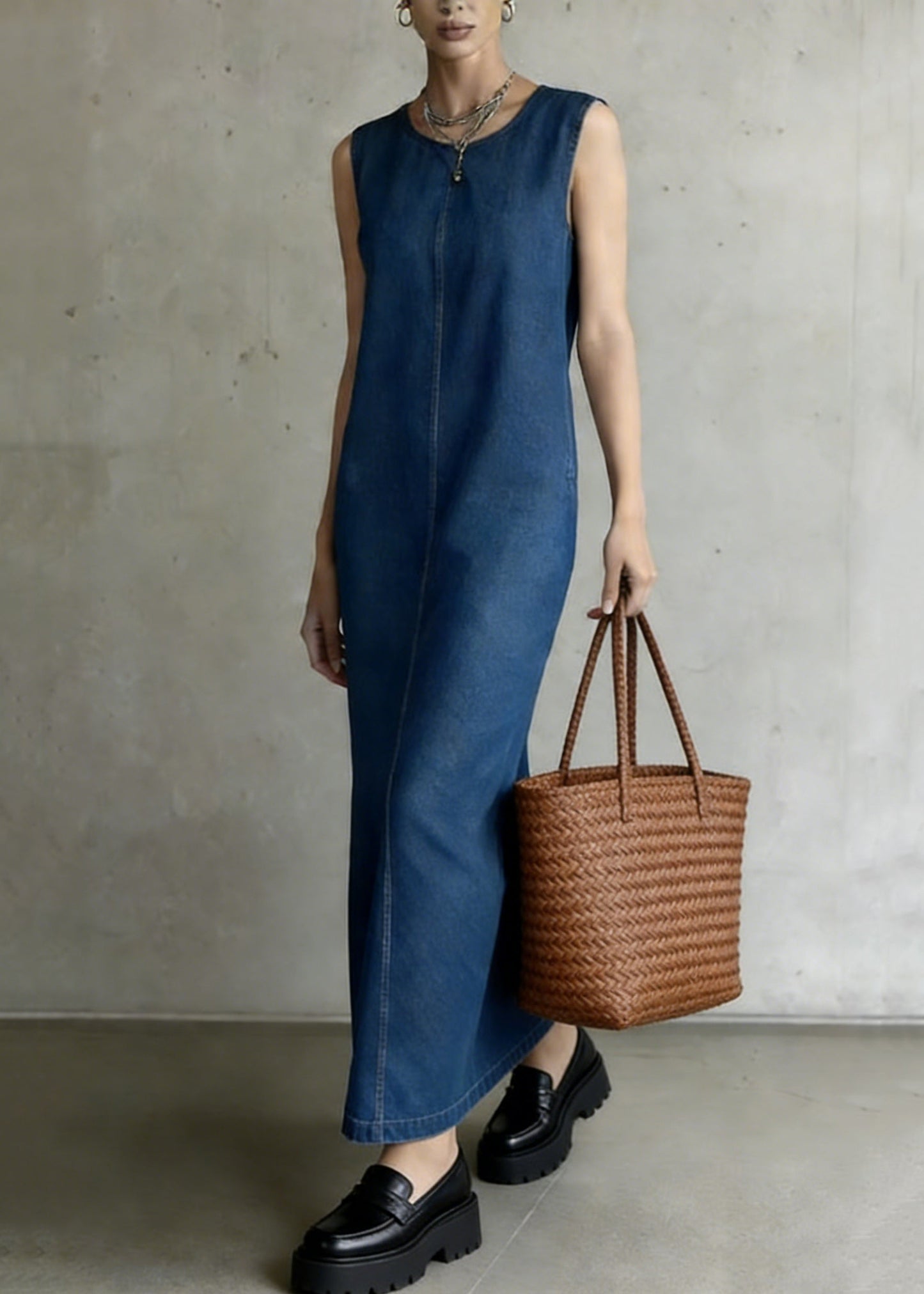 Denim Blue O-neck Patchwork Long Dress Summer