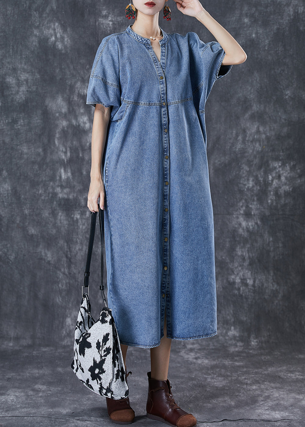 Denim Blue Oversized Patchwork Cotton Long Dress Fall