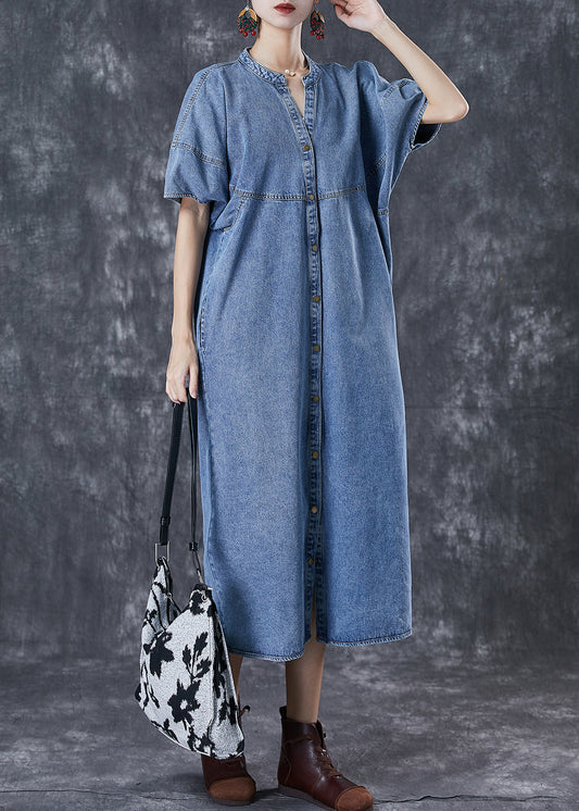 Denim Blue Oversized Patchwork Cotton Long Dress Fall