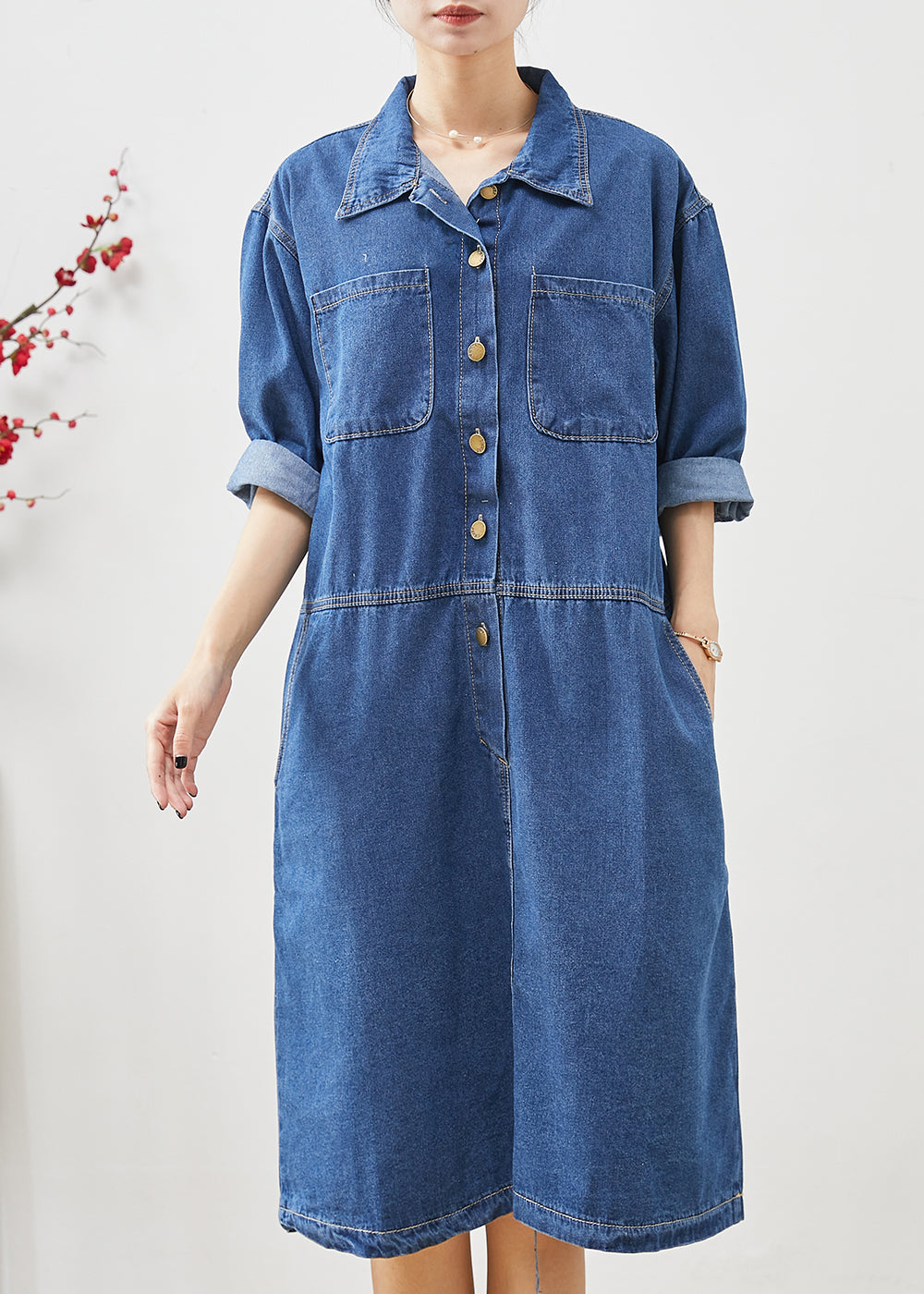 Denim Blue Oversized Patchwork Cotton Mid Dress Fall