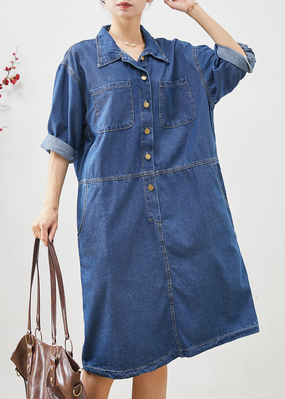 Denim Blue Oversized Patchwork Cotton Mid Dress Fall