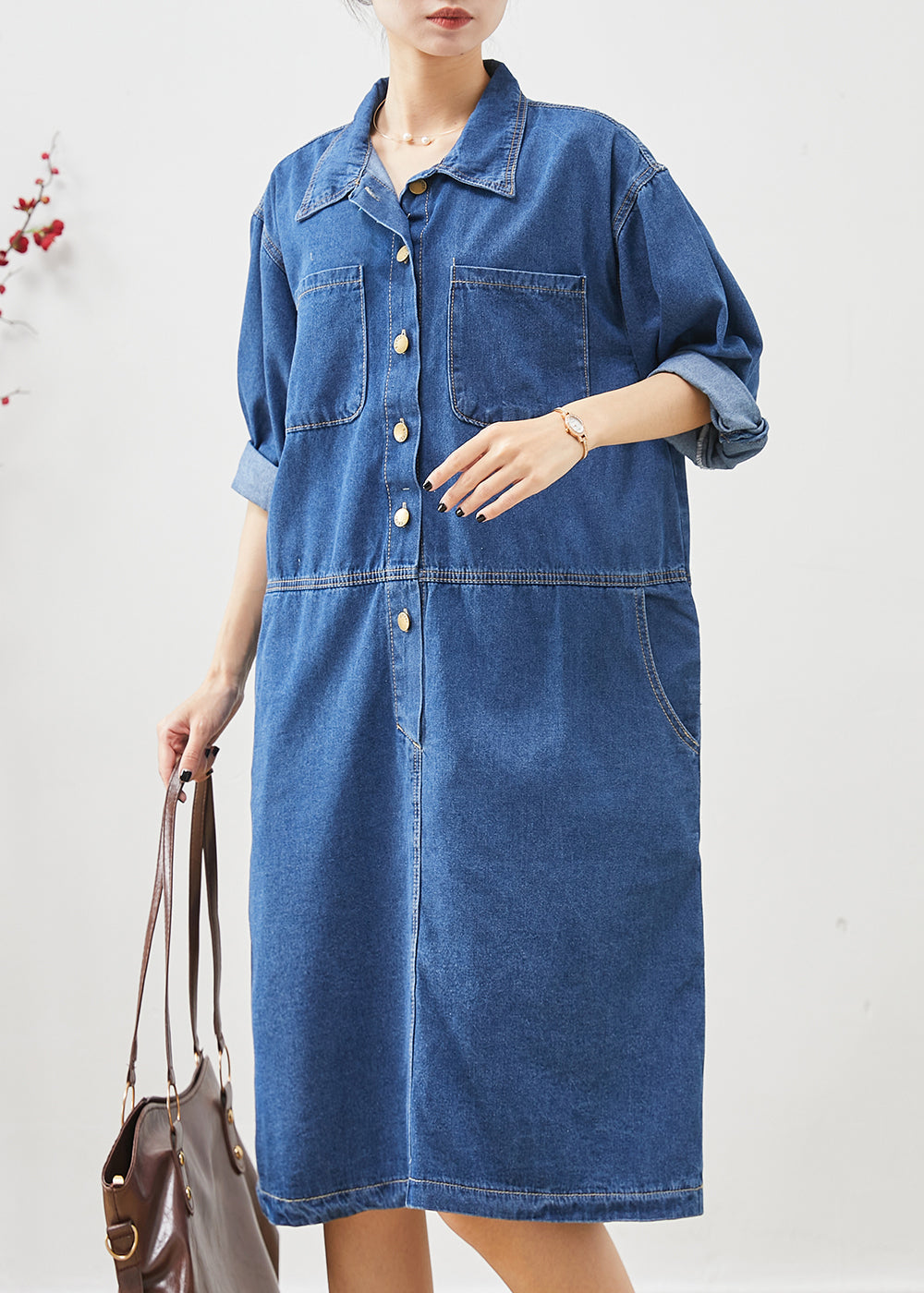 Denim Blue Oversized Patchwork Cotton Mid Dress Fall