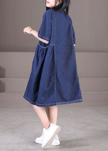 Denim Blue Peter Pan Collar Wrinkled Pockets Cotton Robe Dresses Short Sleeve