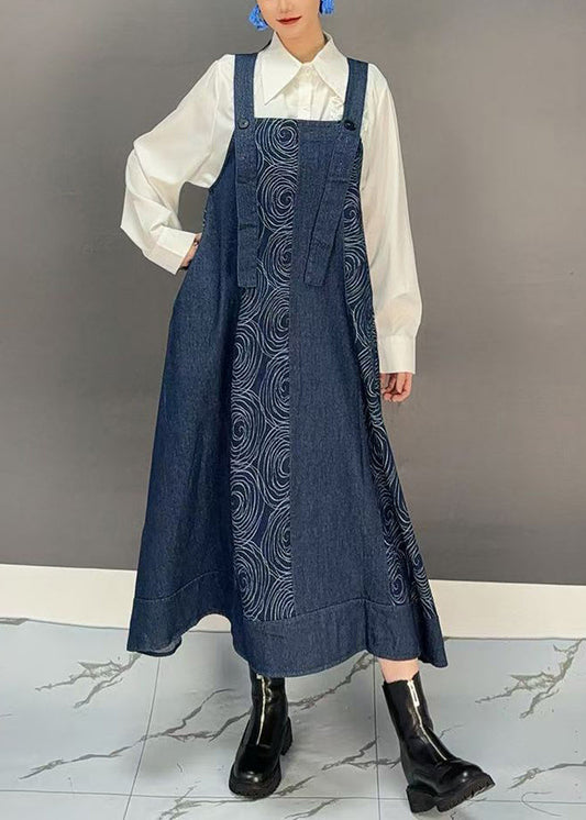 Denim Blue Slash Neck Print Long Spaghetti Strap Dress Spring