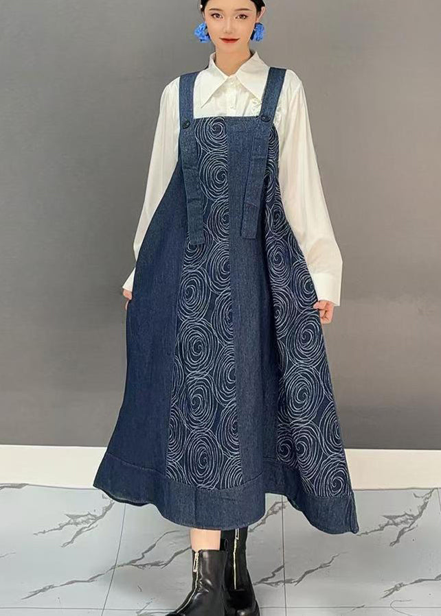 Denim Blue Slash Neck Print Long Spaghetti Strap Dress Spring