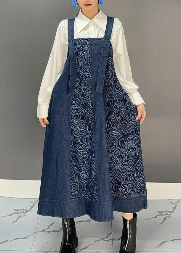 Denim Blue Slash Neck Print Long Spaghetti Strap Dress Spring