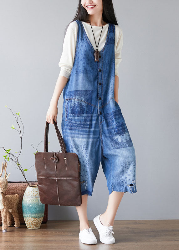 Denim Blue V Neck Print Cotton Jumpsuits Ripped Jeans Spring