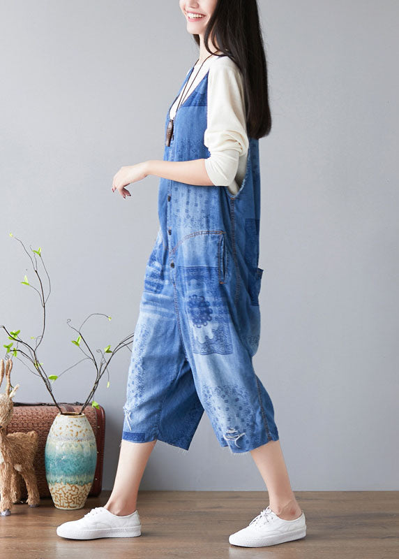 Denim Blue V Neck Print Cotton Jumpsuits Ripped Jeans Spring