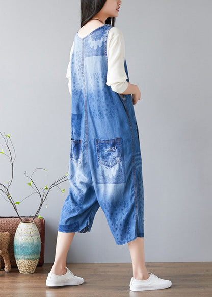 Denim Blue V Neck Print Cotton Jumpsuits Ripped Jeans Spring