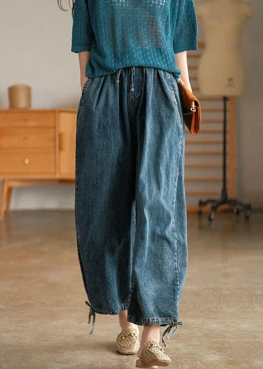 Denim Drawstring Pocket Wide Leg Jeans