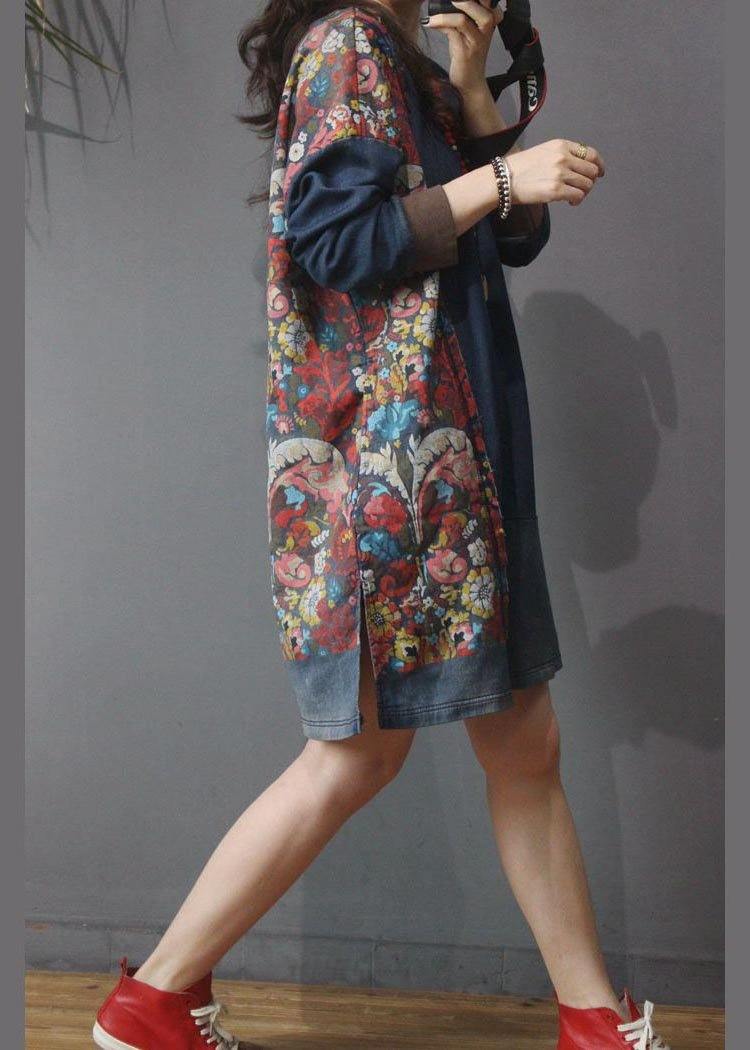 Denim Patchwork Cotton Dress Print Summer Long Dress
