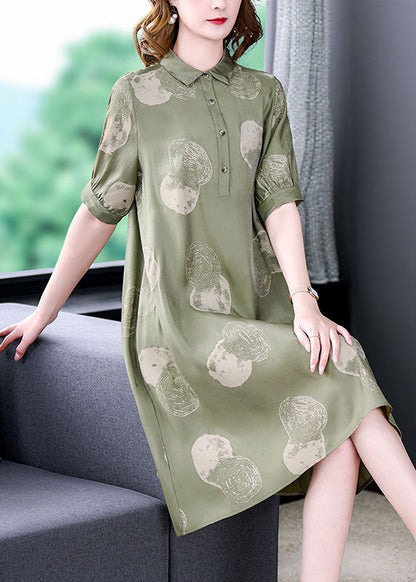 Dousha Green Peter Pan Collar Print Patchwork Silk Dresses Summer