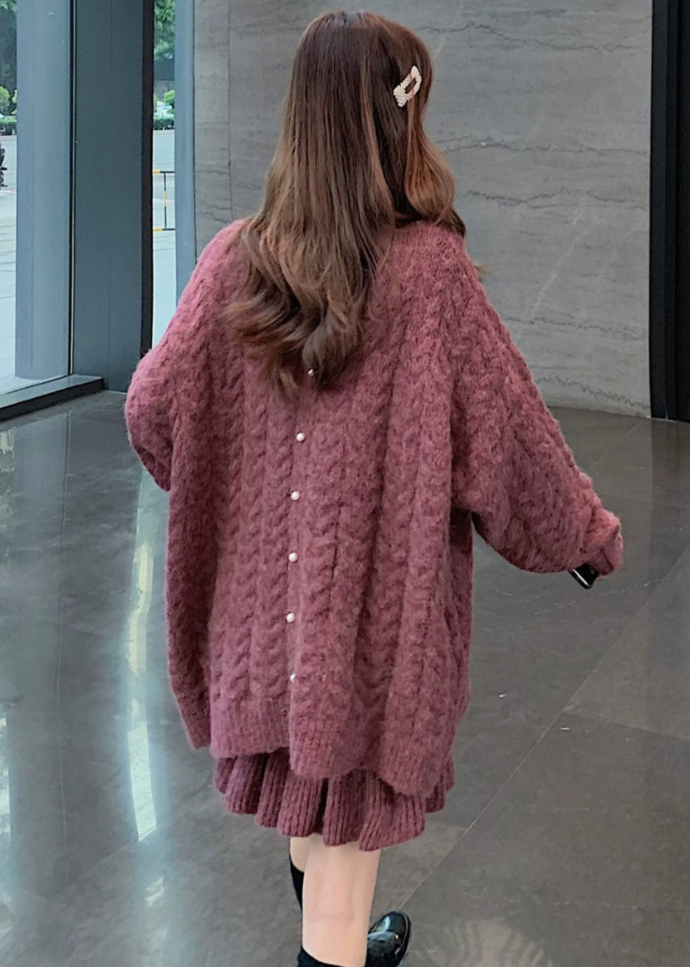 Dull Purple Thick Cable Knit Sweater and Skirt Two Pieces Set Spring