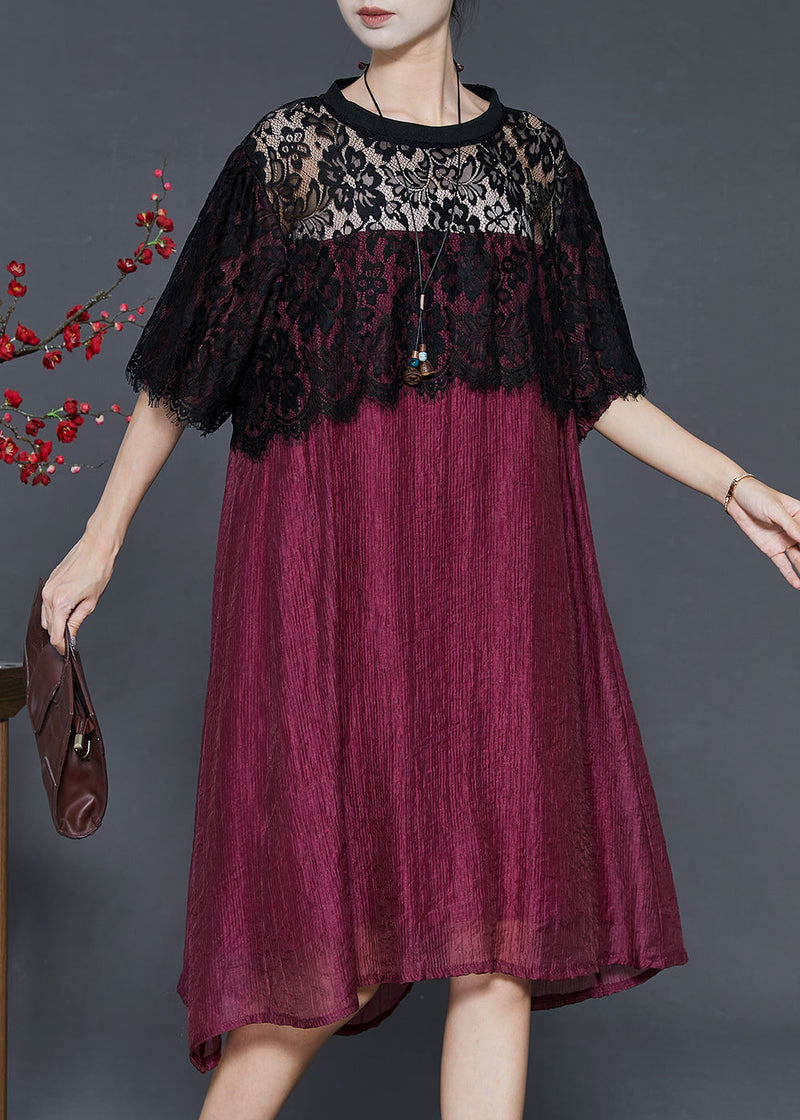 Dull Red Oversized Patchwork Lace Dress Summer