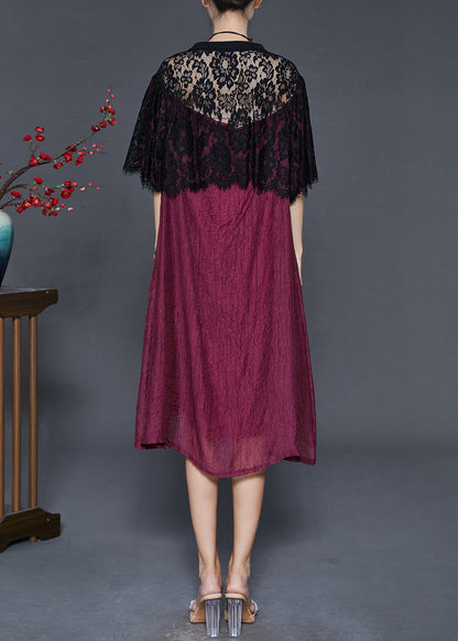 Dull Red Oversized Patchwork Lace Dress Summer
