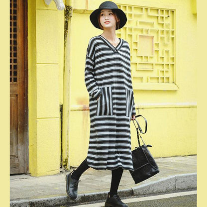 Gray Striped Loose Sweater Dresses for Winter