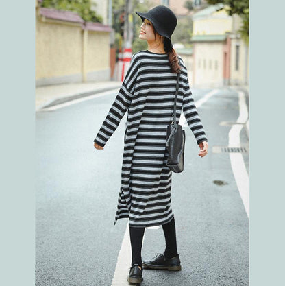 Gray Striped Loose Sweater Dresses for Winter