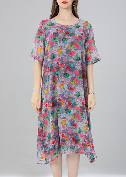 O Neck Print Patchwork Chiffon Dress Summer