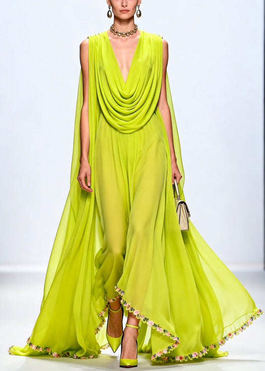 Fluorescent Green Turtle Neck Exra Large Hem Chiffon Party Dress Sleeveless