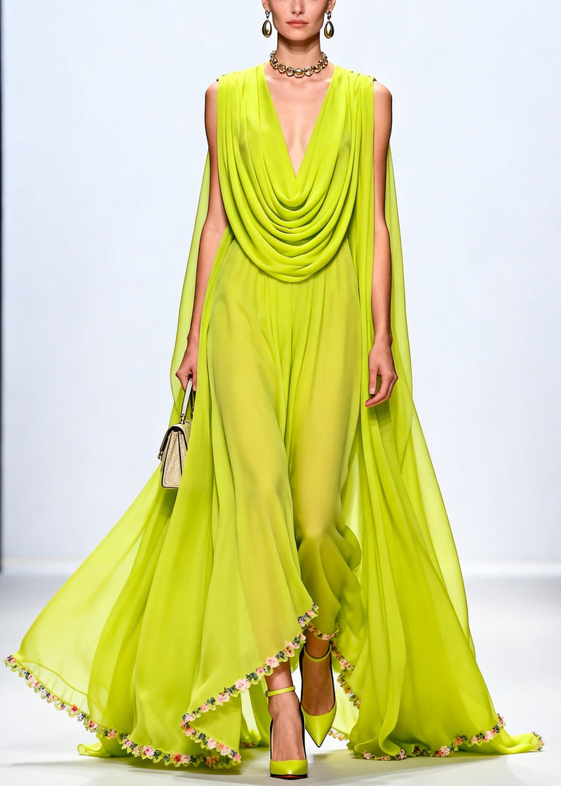 Fluorescent Green Turtle Neck Exra Large Hem Chiffon Party Dress Sleeveless