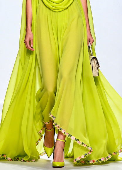 Fluorescent Green Turtle Neck Exra Large Hem Chiffon Party Dress Sleeveless