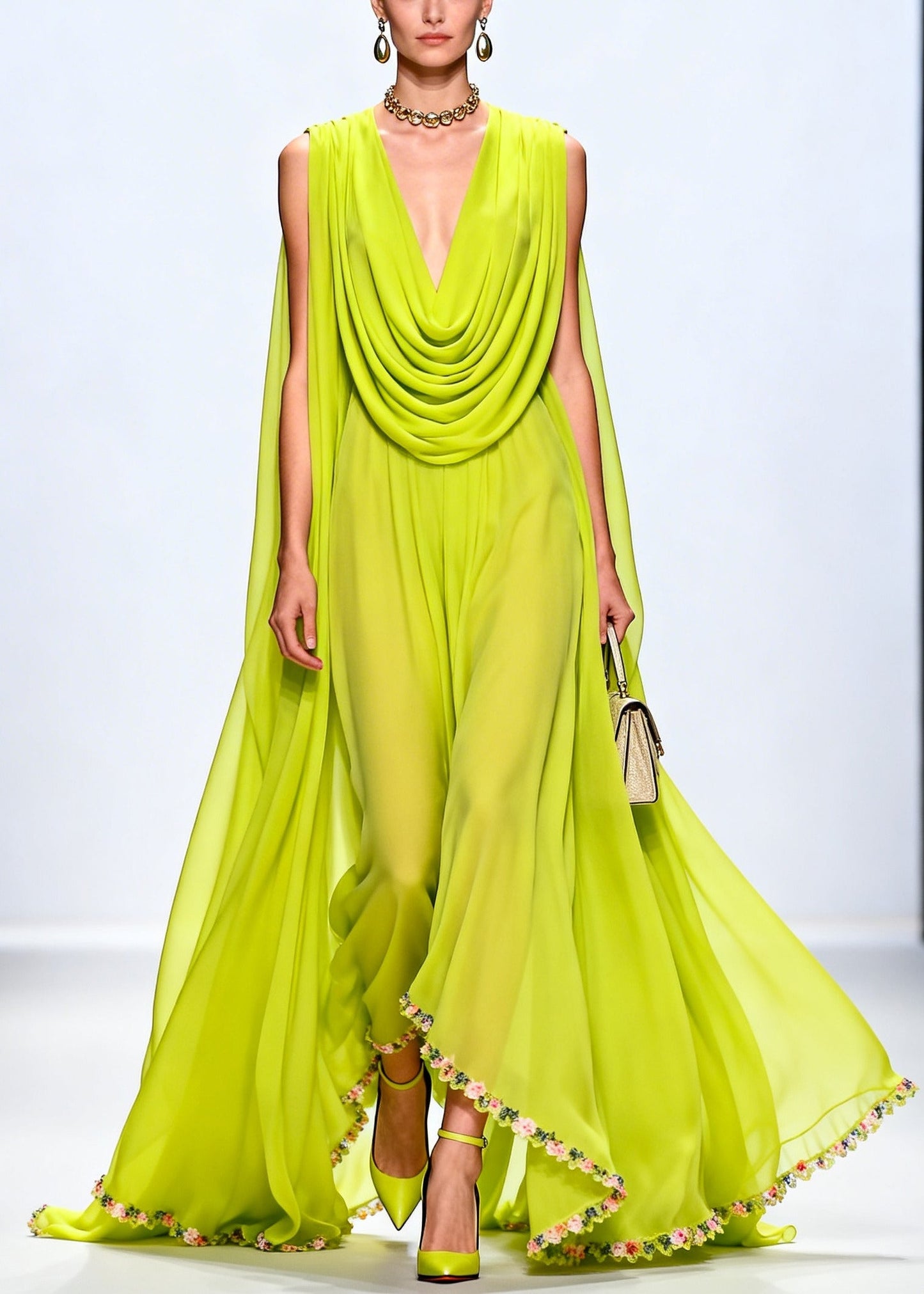 Fluorescent Green Turtle Neck Exra Large Hem Chiffon Party Dress Sleeveless