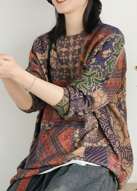 Geometric Pattern Loose O-neck Print Oriental Fall Knit Sweater