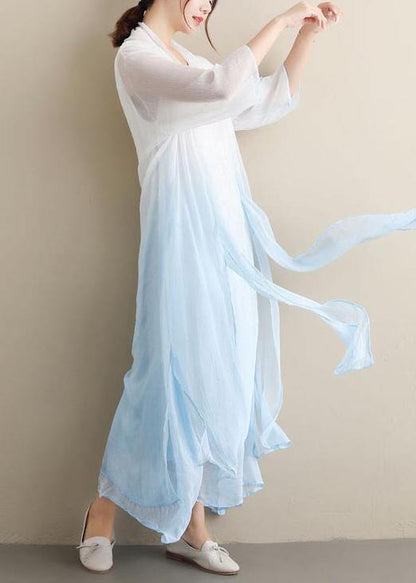 Gradient Blue Clothes O Neck Two Pieces Robes Summer Dresses