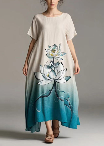 Gradient Color Lotus Print Cotton Day Dress Summer