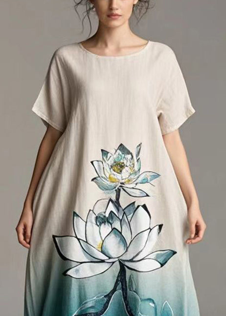 Gradient Color Lotus Print Cotton Day Dress Summer
