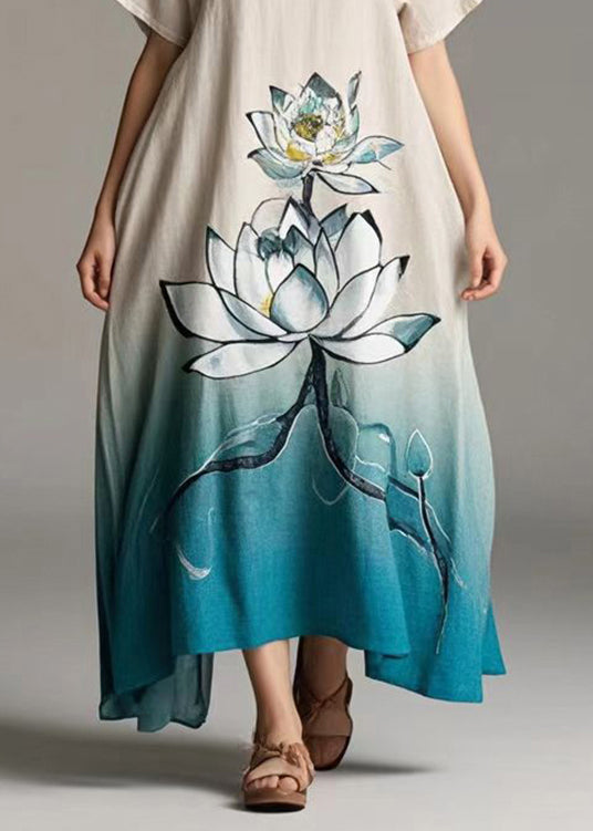 Gradient Color Lotus Print Cotton Day Dress Summer