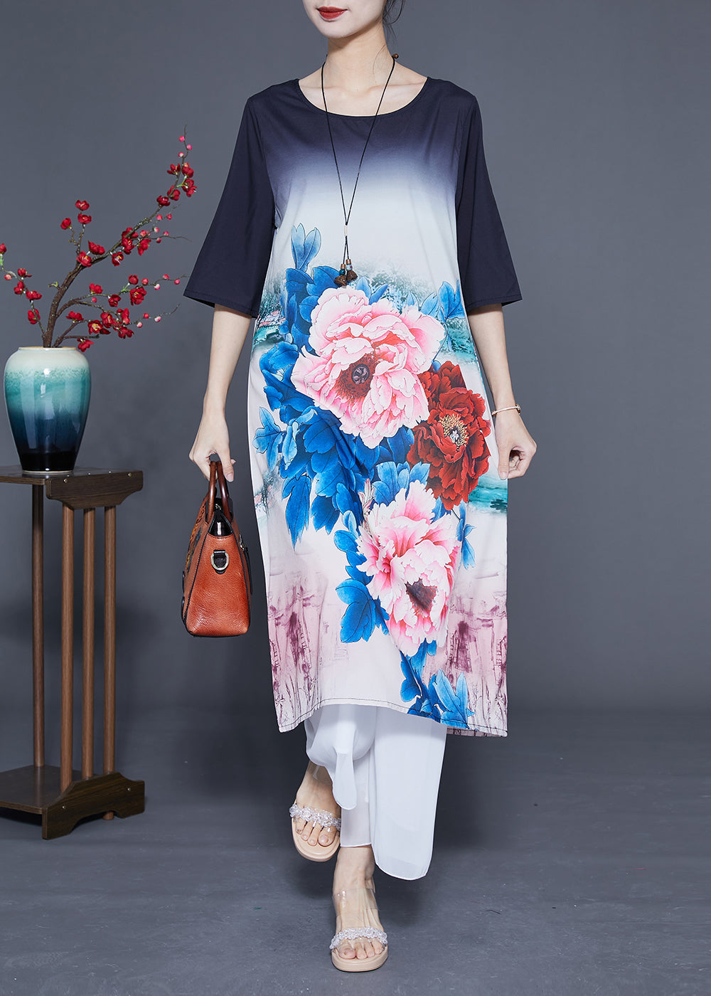 Gradient Color O-neck Print Silk Vacation Dresses Half Sleeve