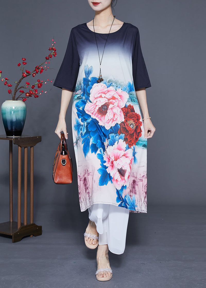 Gradient Color O-neck Print Silk Vacation Dresses Half Sleeve
