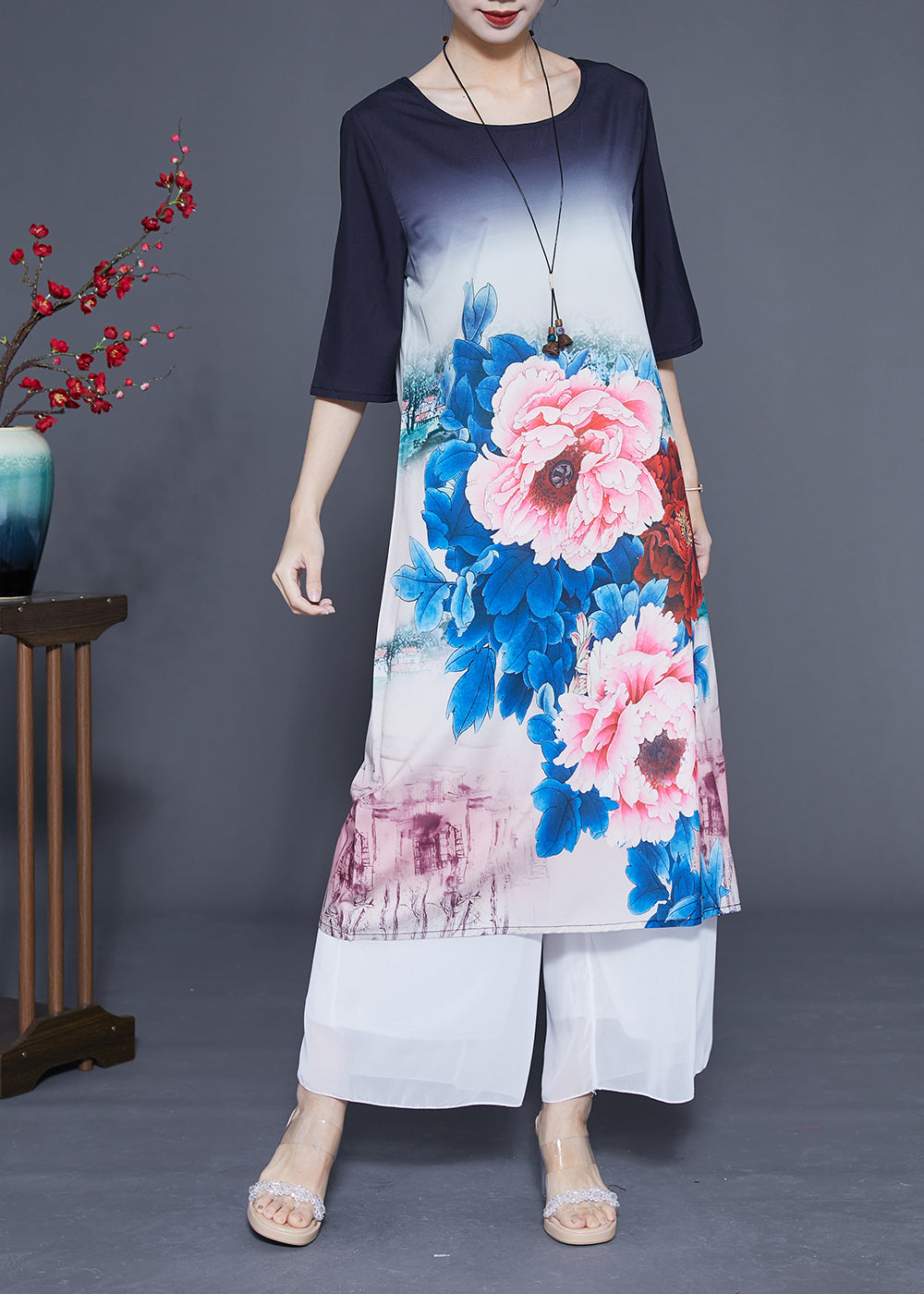 Gradient Color O-neck Print Silk Vacation Dresses Half Sleeve
