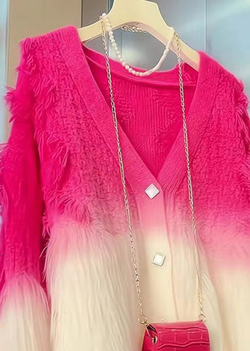 Gradient Color V Neck Button Cotton Knit Coat Long Sleeve
