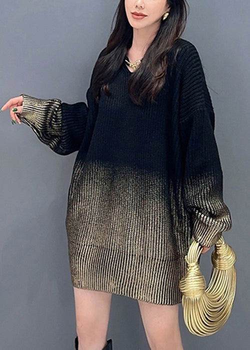 Gradient Color V Neck Cozy Cotton Knit Sweaters Long Sleeve