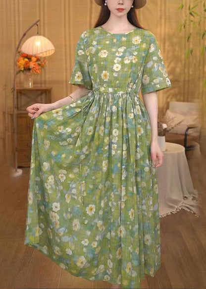 Grass Green Cinched Print Cotton Ankle Dress Summer